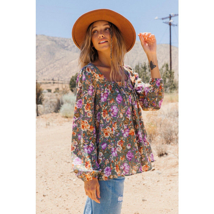 Floral Print Square-neck Long Sleeve Top