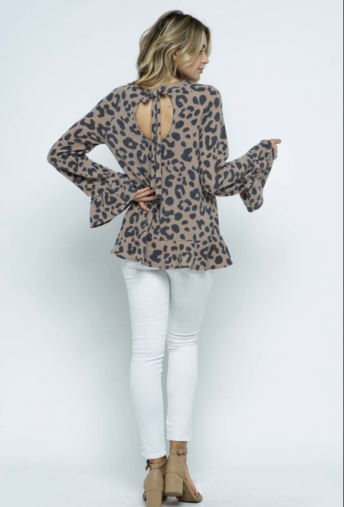 Brushed Animal Print Ruffle Bell Sleeve Top