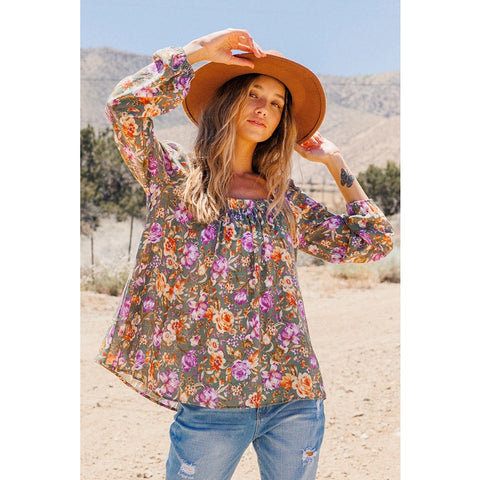 Floral Print Square-neck Long Sleeve Top